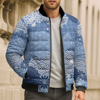 Blue Palaka Japanese Patterns Bomber Puffer Jacket Asanoha Seigaiha Sakura Motif LT14 - Polynesian Pride