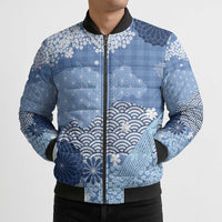 Blue Palaka Japanese Patterns Bomber Puffer Jacket Asanoha Seigaiha Sakura Motif LT14 - Polynesian Pride