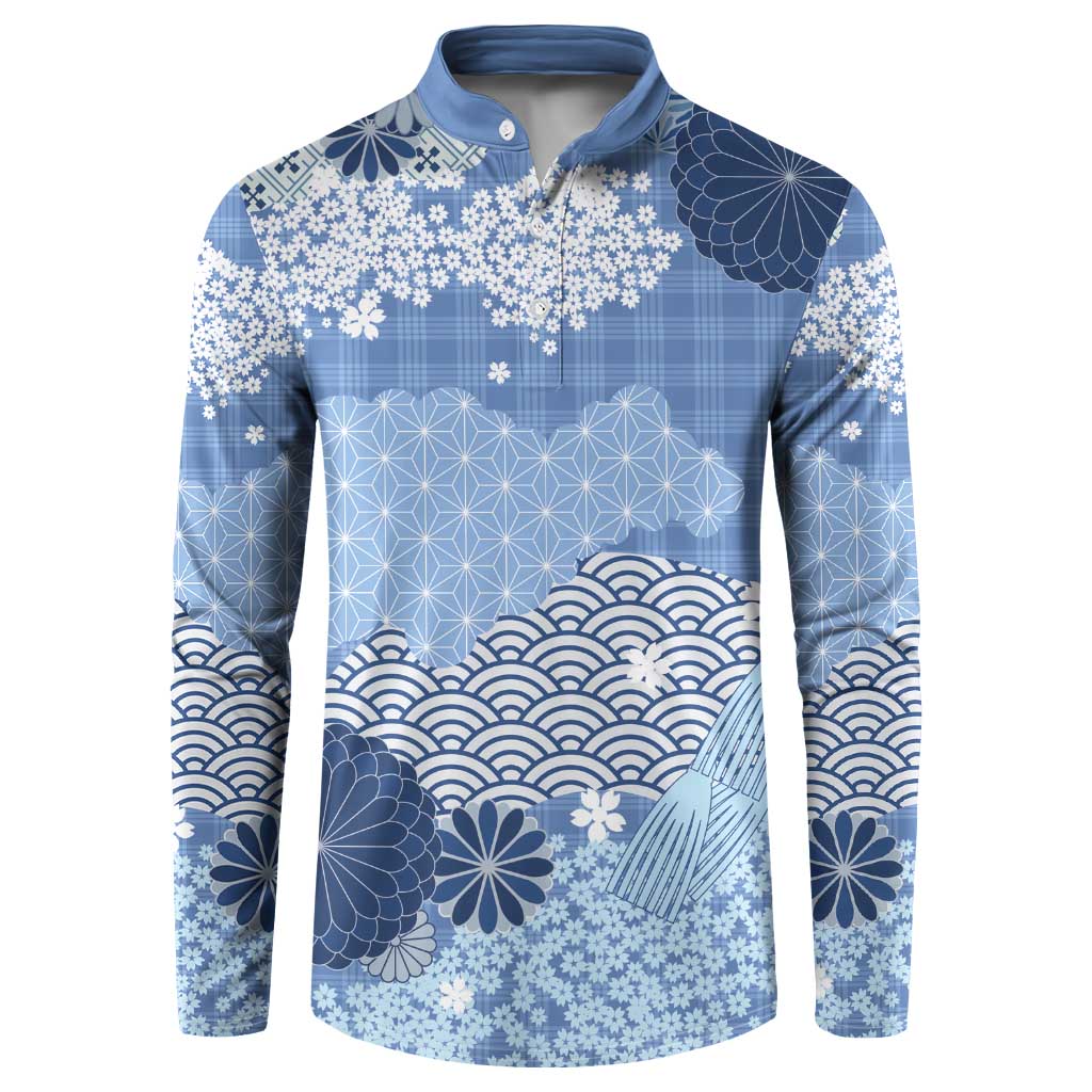Blue Palaka Japanese Patterns Button Sweatshirt Asanoha Seigaiha Sakura Motif LT14 Blue - Polynesian Pride