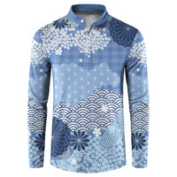 Blue Palaka Japanese Patterns Button Sweatshirt Asanoha Seigaiha Sakura Motif LT14 Blue - Polynesian Pride