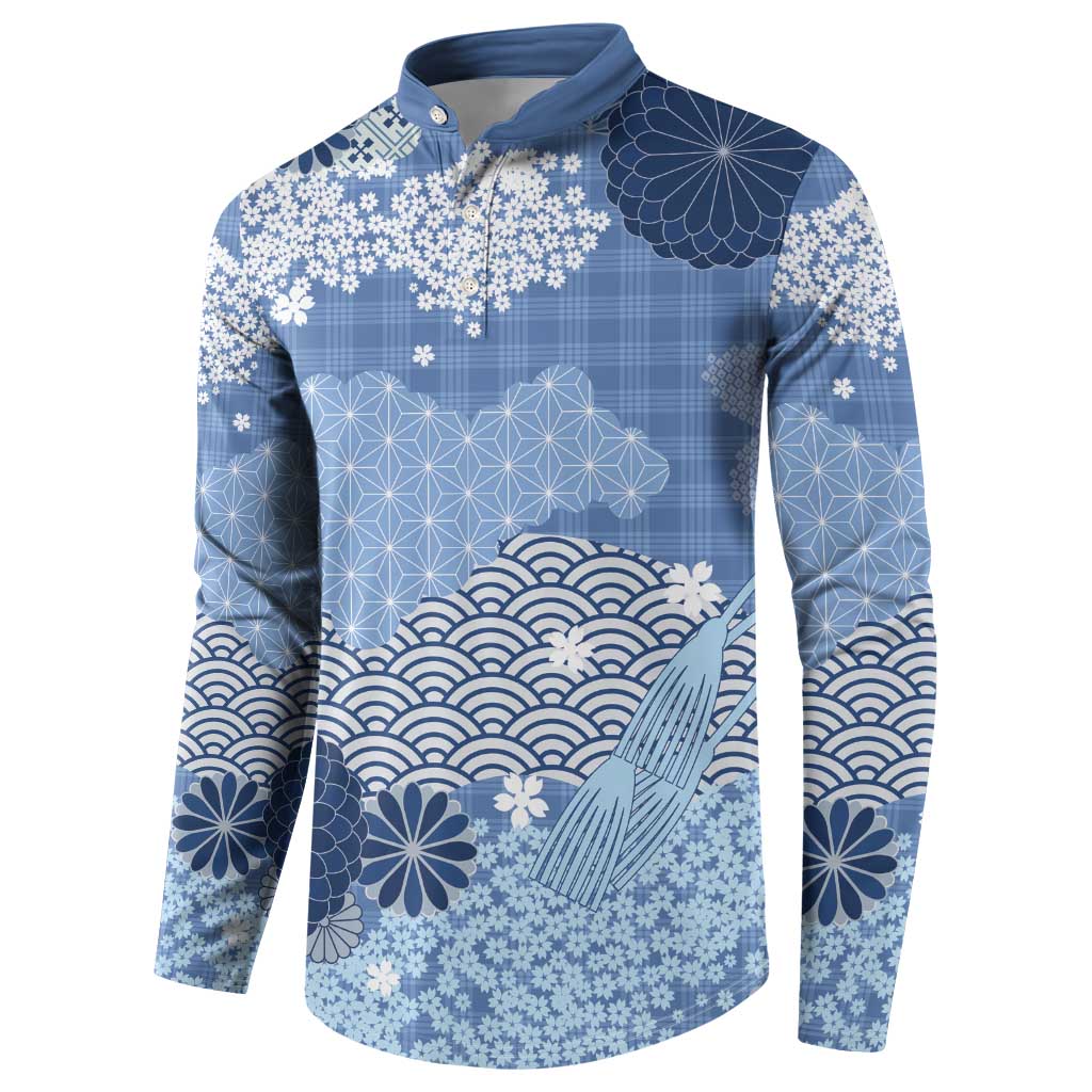 Blue Palaka Japanese Patterns Button Sweatshirt Asanoha Seigaiha Sakura Motif LT14 - Polynesian Pride