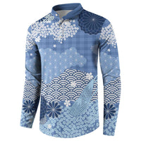 Blue Palaka Japanese Patterns Button Sweatshirt Asanoha Seigaiha Sakura Motif LT14 - Polynesian Pride