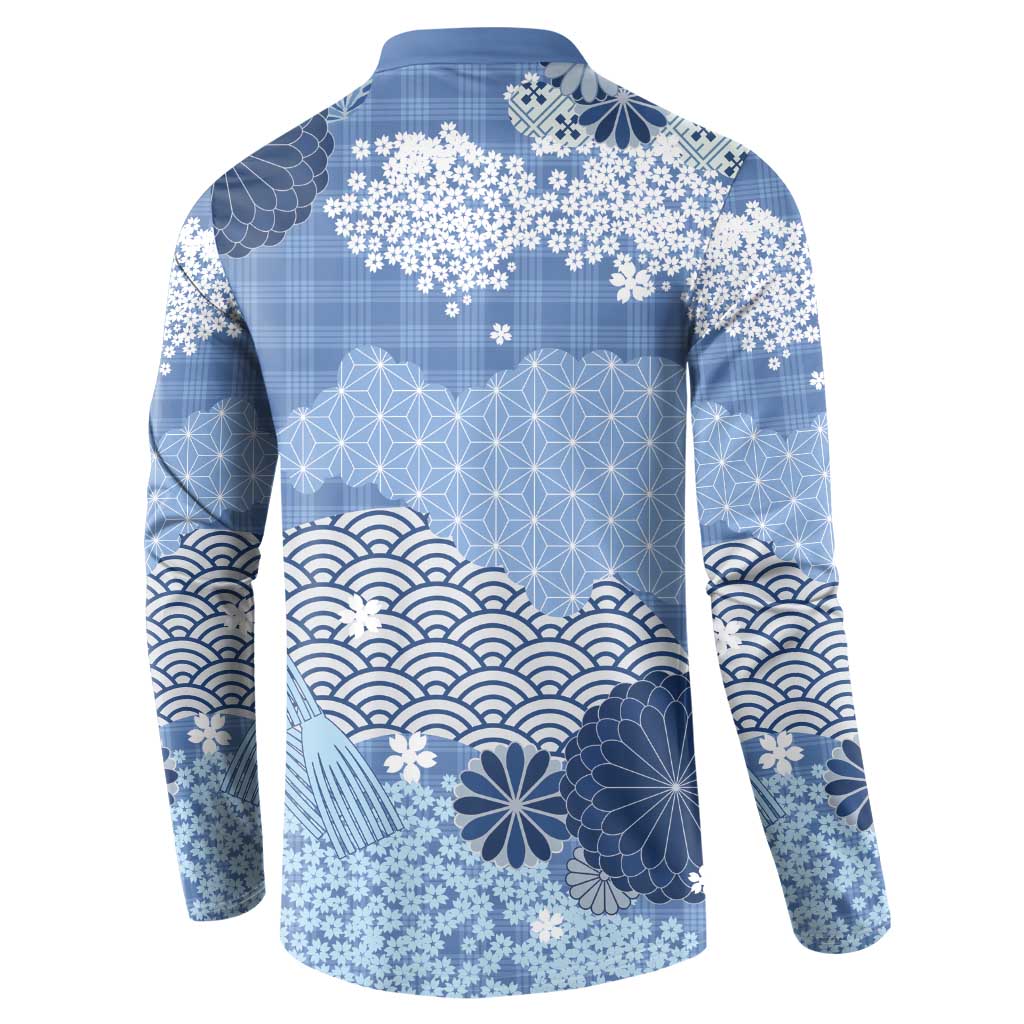 Blue Palaka Japanese Patterns Button Sweatshirt Asanoha Seigaiha Sakura Motif LT14 - Polynesian Pride