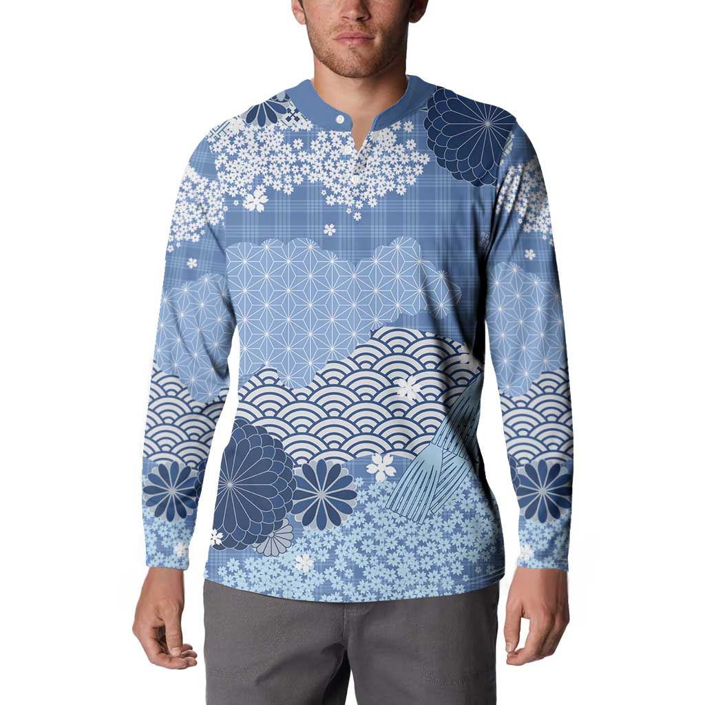 Blue Palaka Japanese Patterns Button Sweatshirt Asanoha Seigaiha Sakura Motif LT14 - Polynesian Pride