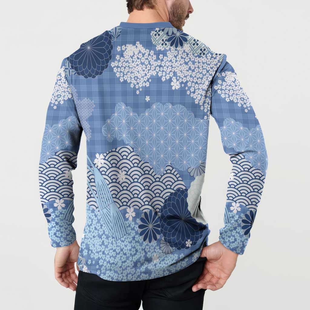 Blue Palaka Japanese Patterns Button Sweatshirt Asanoha Seigaiha Sakura Motif LT14 - Polynesian Pride