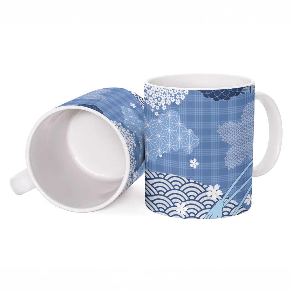 Blue Palaka Japanese Patterns Ceramic Mug Asanoha Seigaiha Sakura Motif LT14 - Polynesian Pride