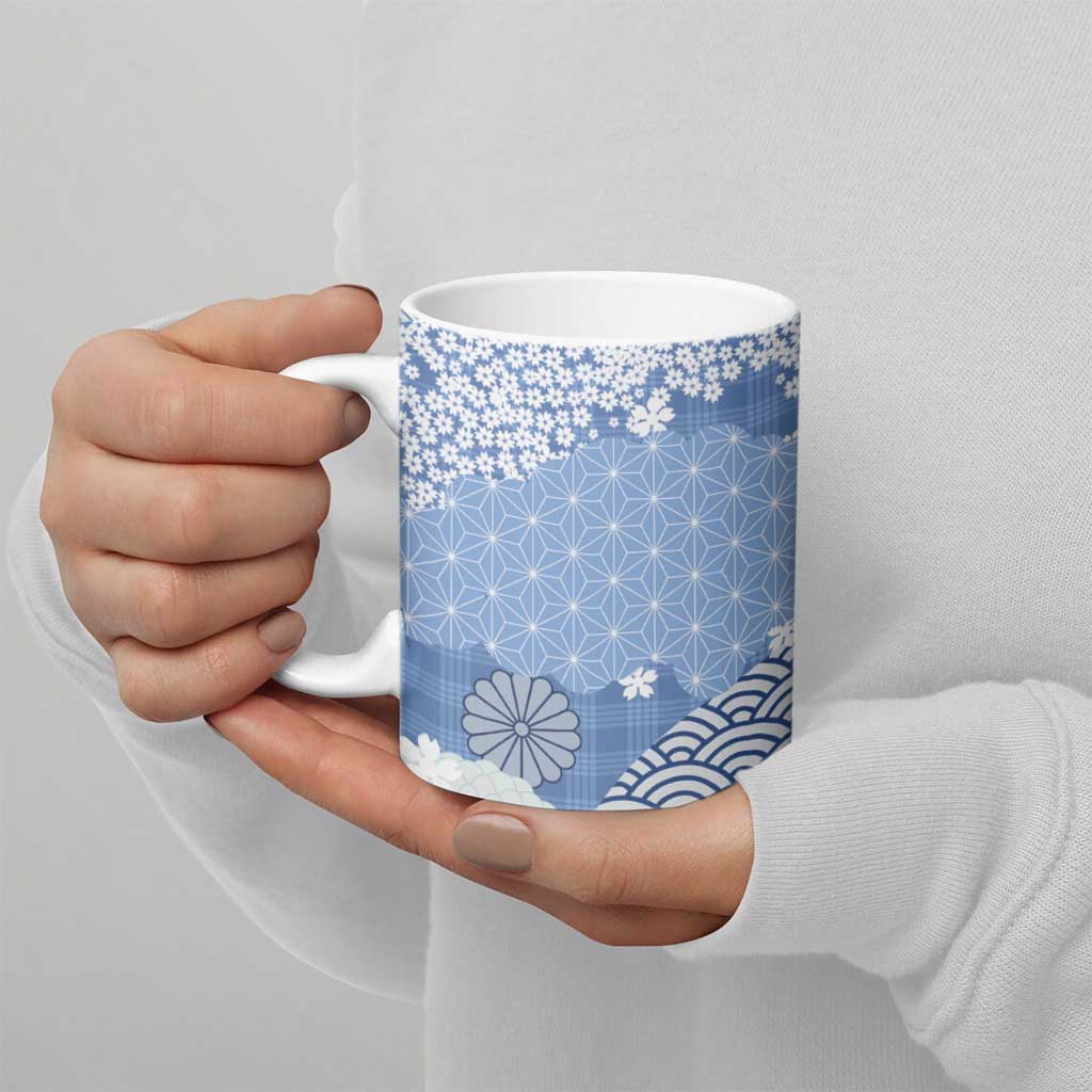 Blue Palaka Japanese Patterns Ceramic Mug Asanoha Seigaiha Sakura Motif LT14 - Polynesian Pride