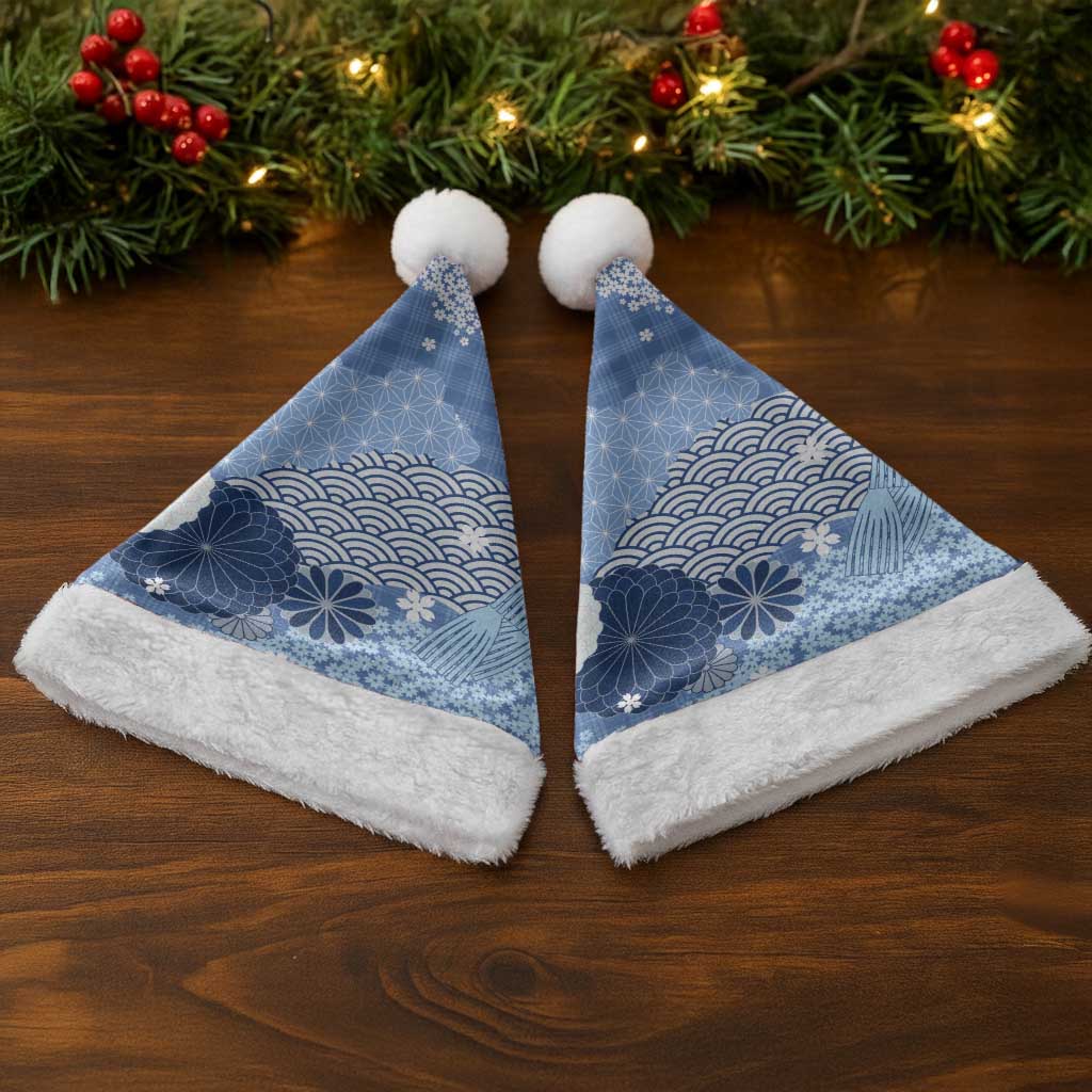 Blue Palaka Japanese Patterns Christmas Santa Hat Asanoha Seigaiha Sakura Motif LT14 - Polynesian Pride