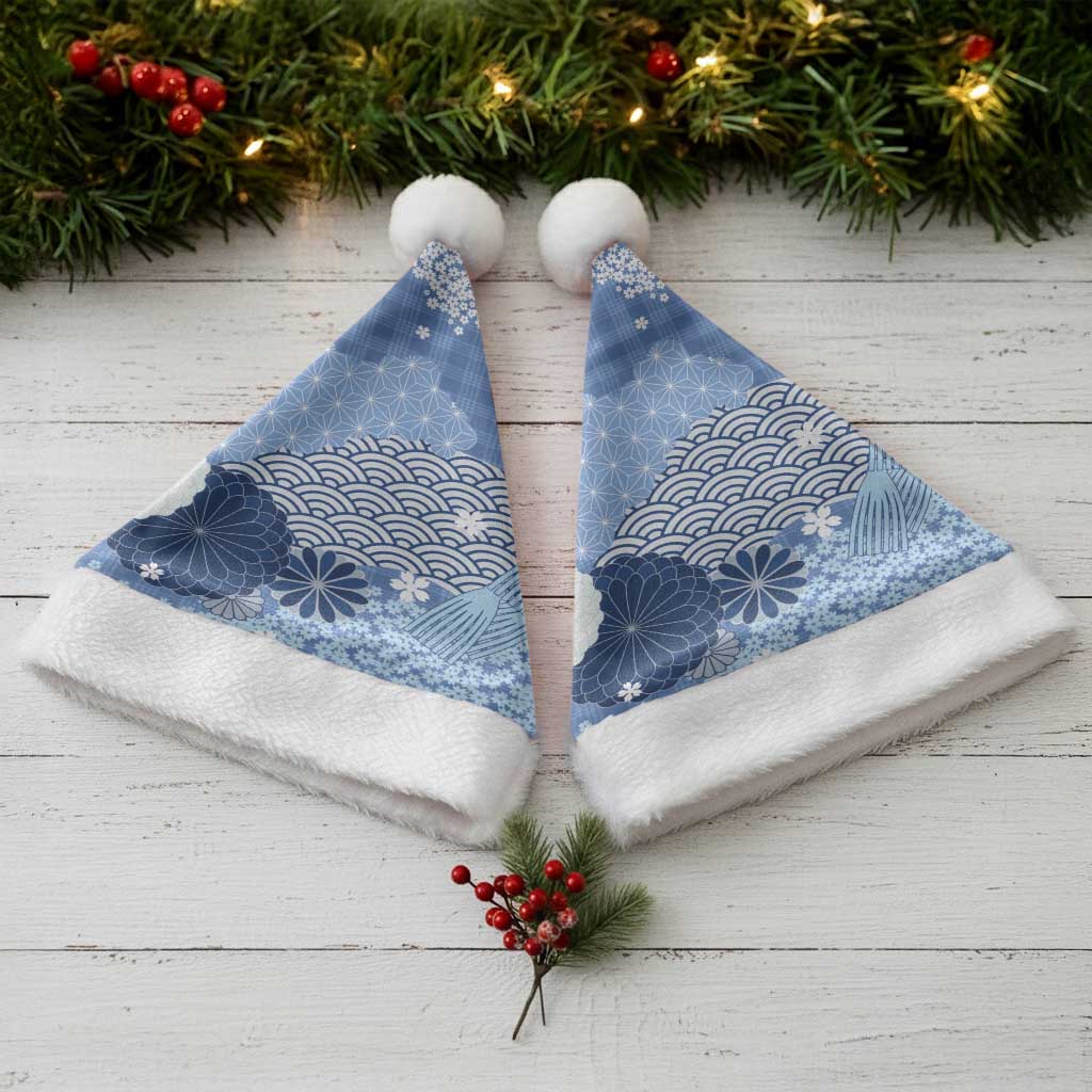 Blue Palaka Japanese Patterns Christmas Santa Hat Asanoha Seigaiha Sakura Motif LT14 - Polynesian Pride