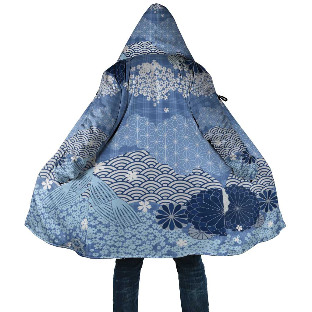Blue Palaka Japanese Patterns Cloak Asanoha Seigaiha Sakura Motif LT14 Unisex Blue - Polynesian Pride