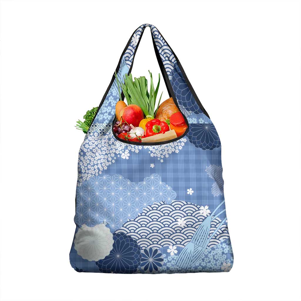 Blue Palaka Japanese Patterns Grocery Bag Asanoha Seigaiha Sakura Motif LT14 1-pack One Size Blue - Polynesian Pride