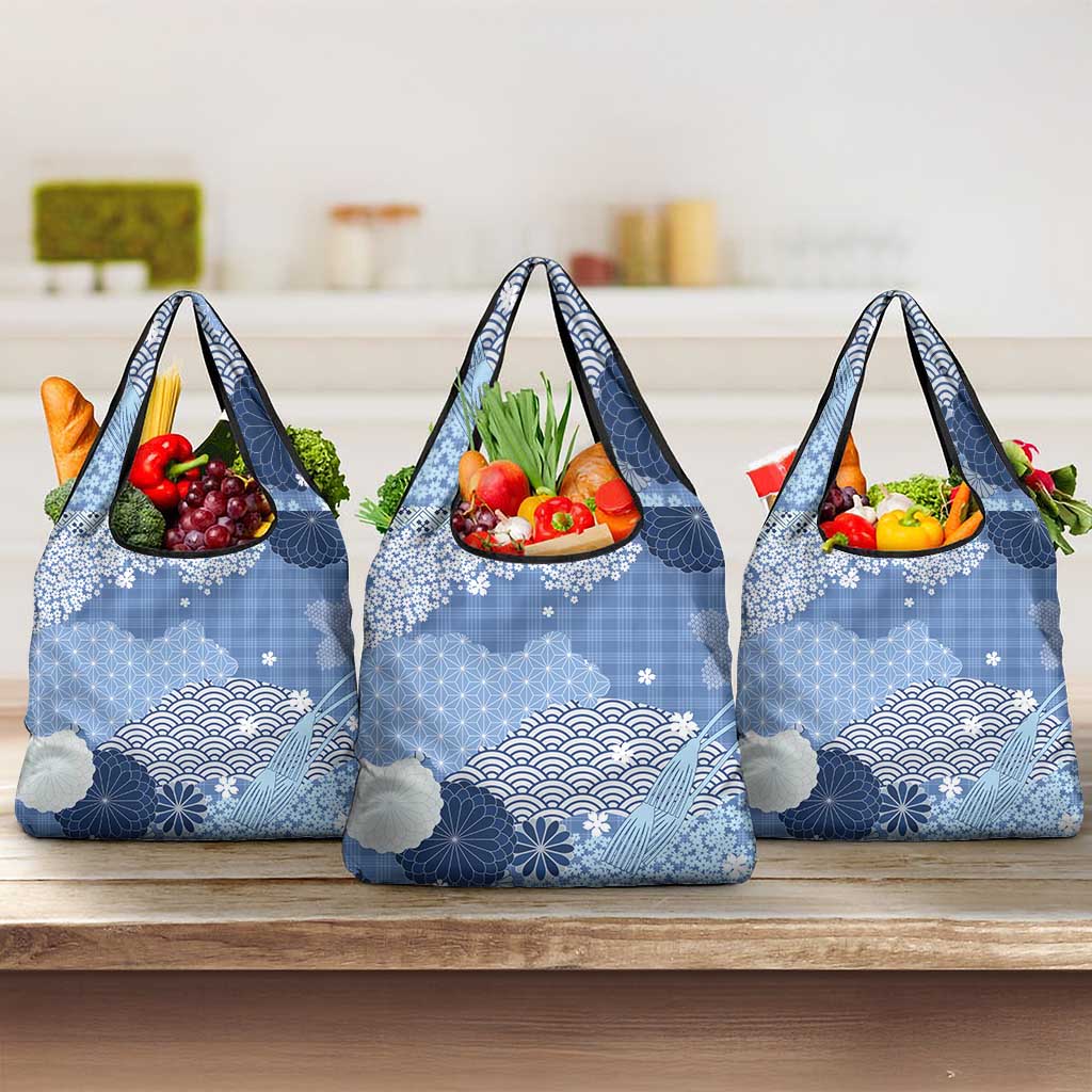 Blue Palaka Japanese Patterns Grocery Bag Asanoha Seigaiha Sakura Motif LT14 3-pack One Size Blue - Polynesian Pride