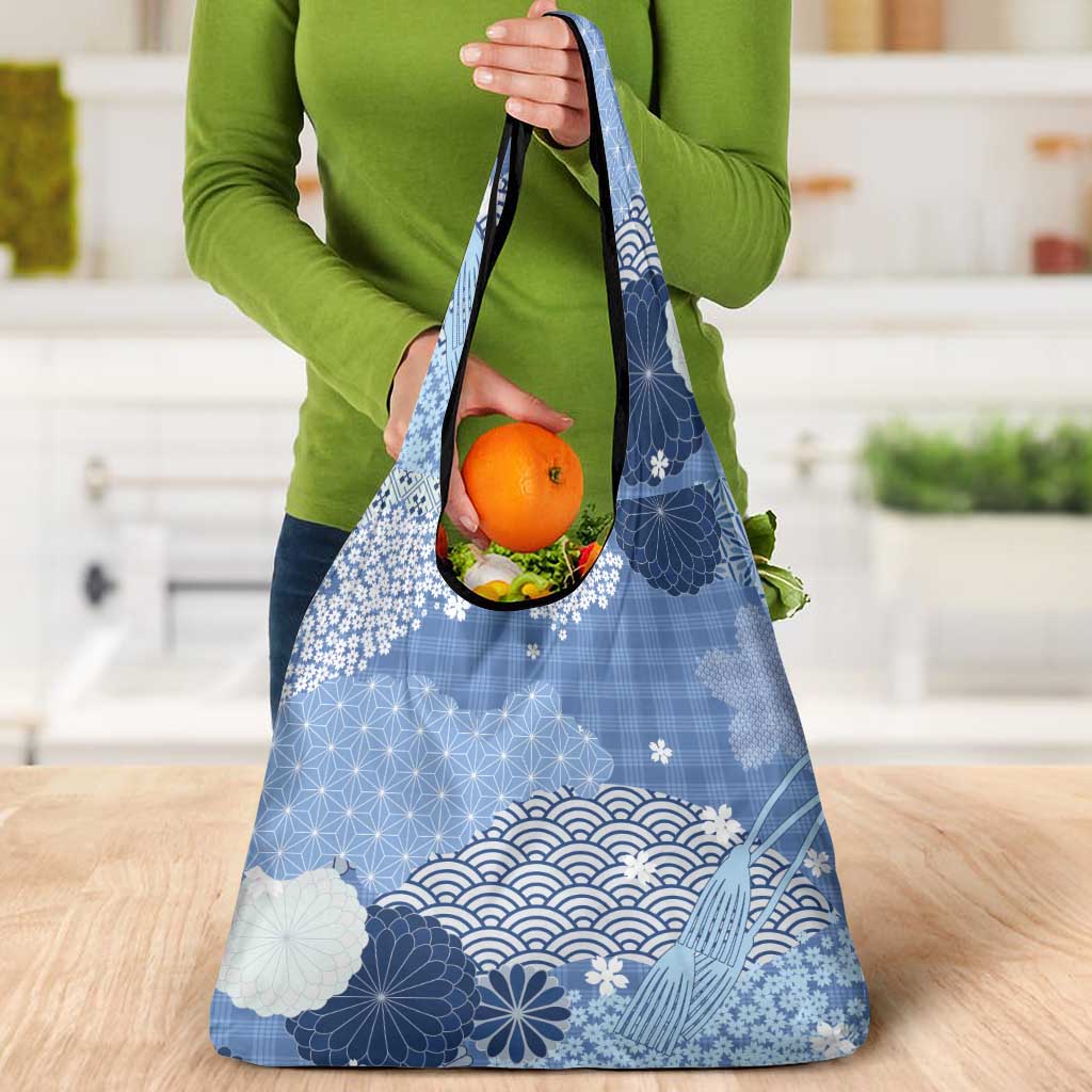 Blue Palaka Japanese Patterns Grocery Bag Asanoha Seigaiha Sakura Motif LT14 - Polynesian Pride