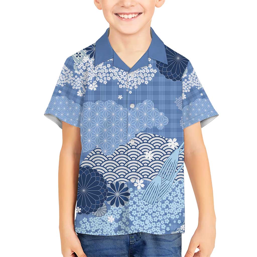 Blue Palaka Japanese Patterns Hawaiian Shirt Asanoha Seigaiha Sakura Motif LT14 - Polynesian Pride
