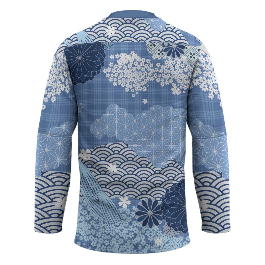 Blue Palaka Japanese Patterns Hockey Jersey Asanoha Seigaiha Sakura Motif LT14 - Polynesian Pride
