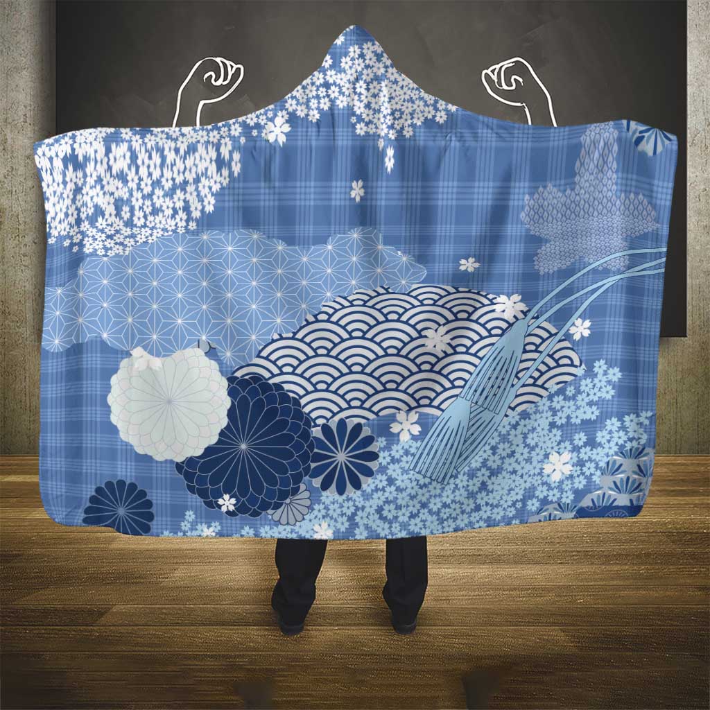 Blue Palaka Japanese Patterns Hooded Blanket Asanoha Seigaiha Sakura Motif LT14 - Polynesian Pride