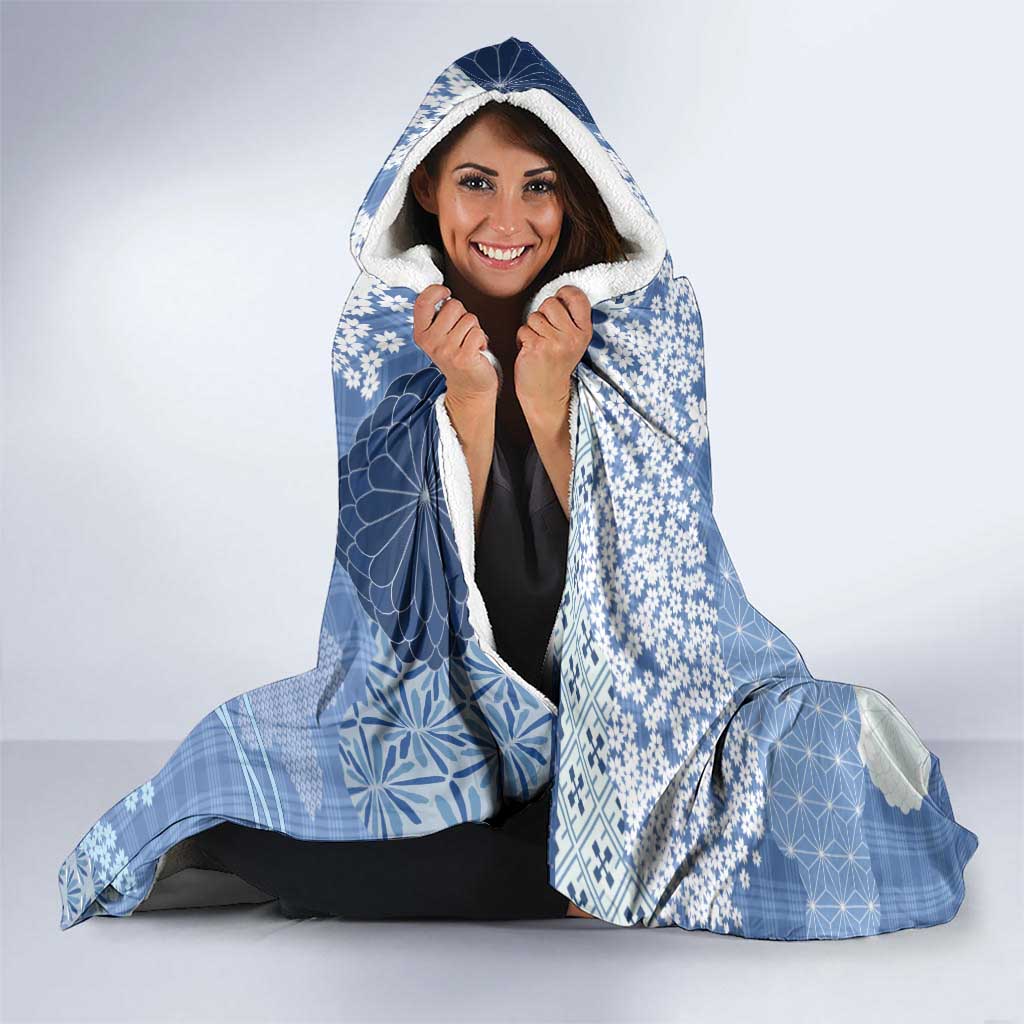 Blue Palaka Japanese Patterns Hooded Blanket Asanoha Seigaiha Sakura Motif LT14 - Polynesian Pride