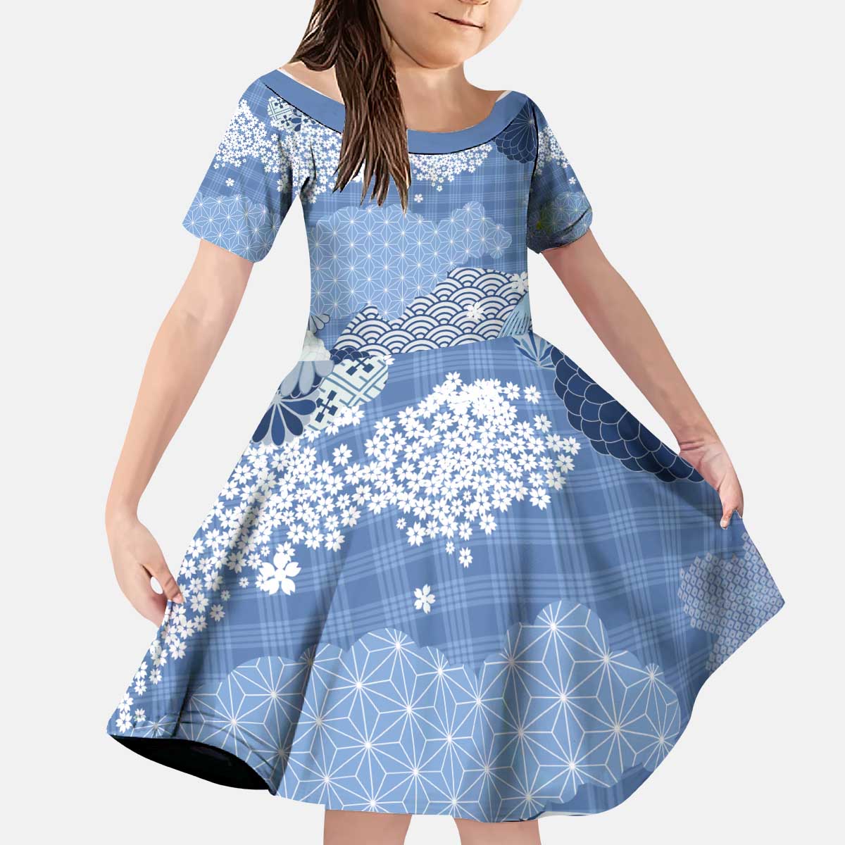 Blue Palaka Japanese Patterns Kid Short Sleeve Dress Asanoha Seigaiha Sakura Motif LT14 KID Blue - Polynesian Pride