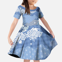 Blue Palaka Japanese Patterns Kid Short Sleeve Dress Asanoha Seigaiha Sakura Motif LT14 KID Blue - Polynesian Pride