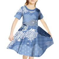 Blue Palaka Japanese Patterns Kid Short Sleeve Dress Asanoha Seigaiha Sakura Motif LT14 - Polynesian Pride