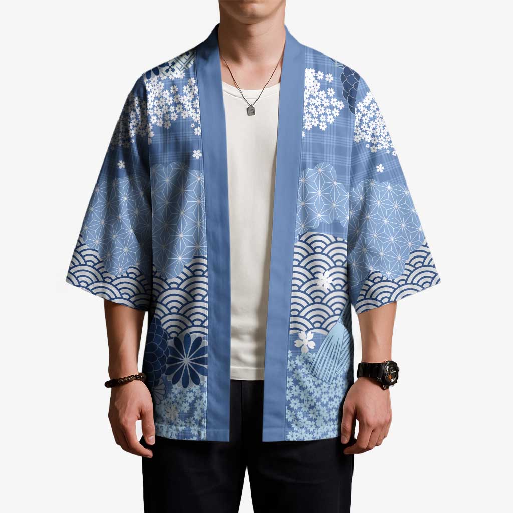 Blue Palaka Japanese Patterns Kimono Asanoha Seigaiha Sakura Motif LT14 - Polynesian Pride
