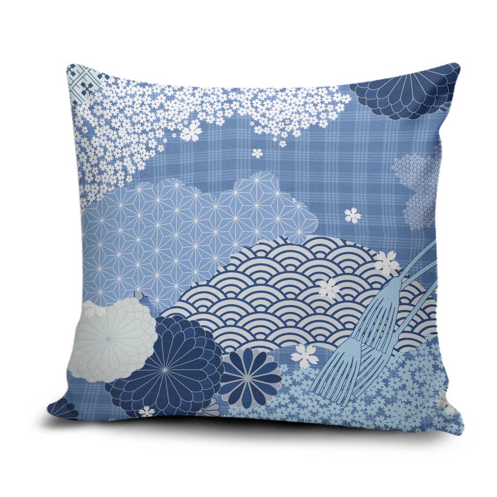 Blue Palaka Japanese Patterns Pillow Cover Asanoha Seigaiha Sakura Motif LT14 Blue - Polynesian Pride