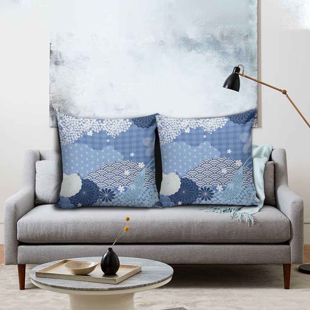 Blue Palaka Japanese Patterns Pillow Cover Asanoha Seigaiha Sakura Motif LT14 - Polynesian Pride