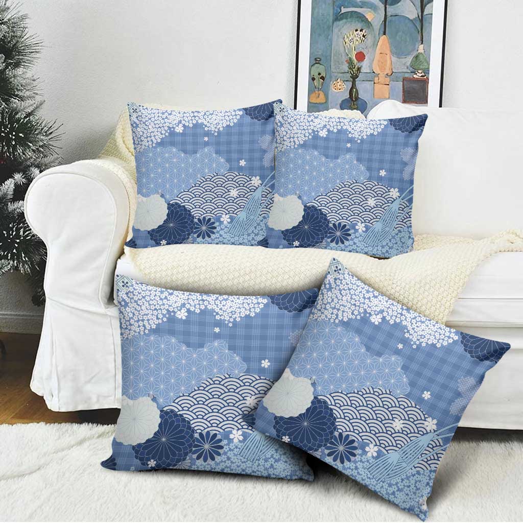 Blue Palaka Japanese Patterns Pillow Cover Asanoha Seigaiha Sakura Motif LT14 - Polynesian Pride