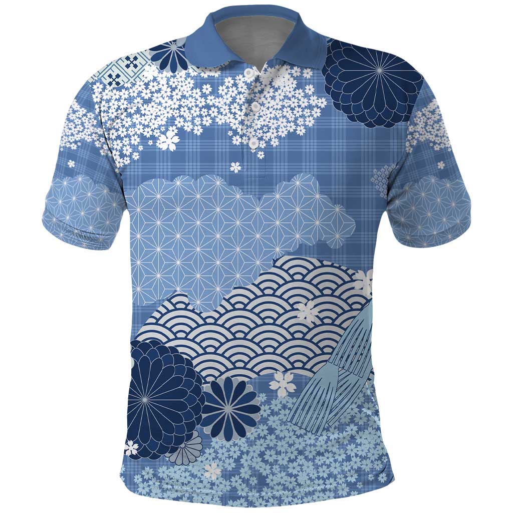 Blue Palaka Japanese Patterns Polo Shirt Asanoha Seigaiha Sakura Motif LT14 Blue - Polynesian Pride