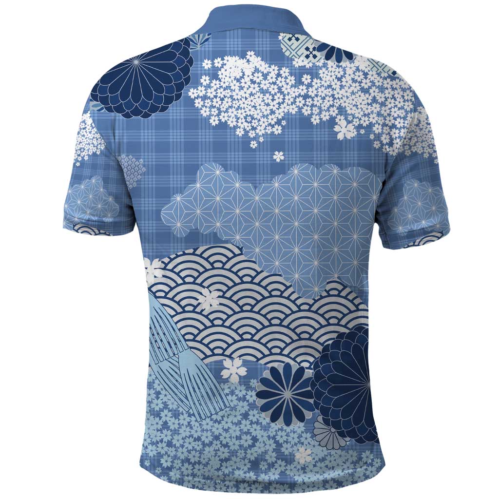 Blue Palaka Japanese Patterns Polo Shirt Asanoha Seigaiha Sakura Motif LT14 - Polynesian Pride