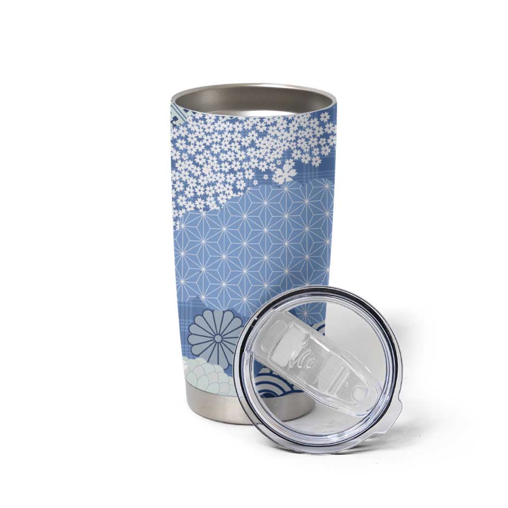 Blue Palaka Japanese Patterns Tumbler Cup Asanoha Seigaiha Sakura Motif LT14 - Polynesian Pride