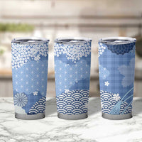 Blue Palaka Japanese Patterns Tumbler Cup Asanoha Seigaiha Sakura Motif LT14 - Polynesian Pride