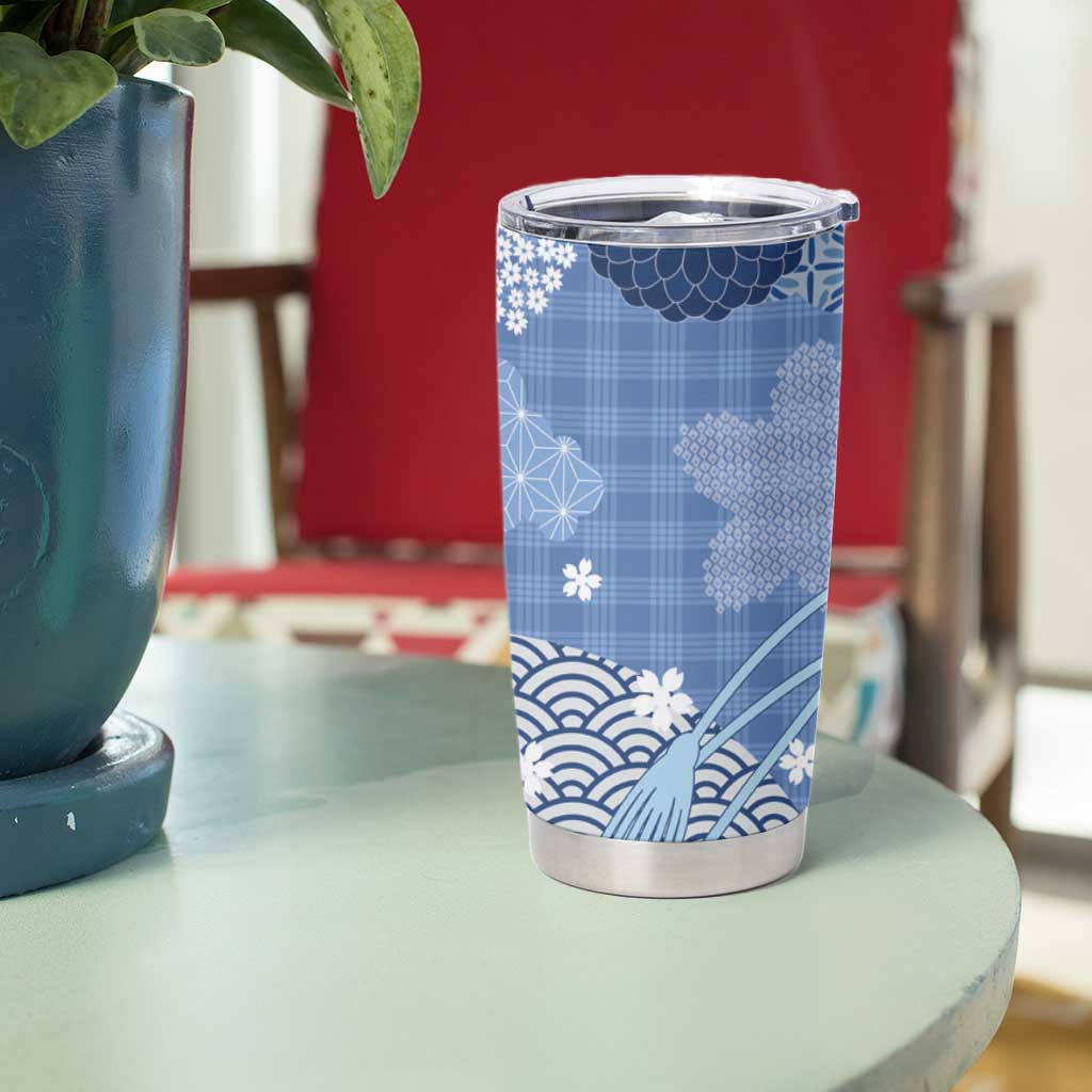 Blue Palaka Japanese Patterns Tumbler Cup Asanoha Seigaiha Sakura Motif LT14 - Polynesian Pride