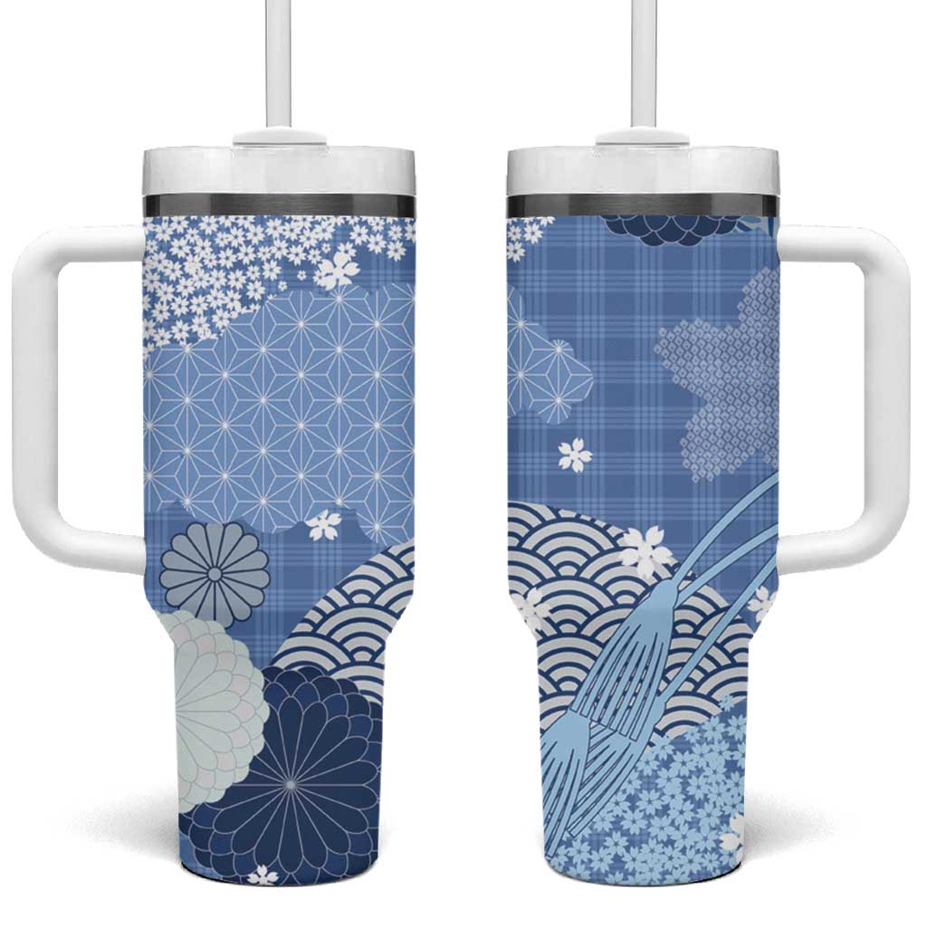 Blue Palaka Japanese Patterns Tumbler With Handle Asanoha Seigaiha Sakura Motif LT14 One Size: 40 oz Blue - Polynesian Pride