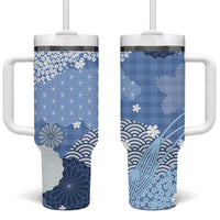 Blue Palaka Japanese Patterns Tumbler With Handle Asanoha Seigaiha Sakura Motif LT14 One Size: 40 oz Blue - Polynesian Pride