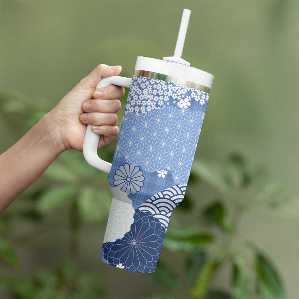 Blue Palaka Japanese Patterns Tumbler With Handle Asanoha Seigaiha Sakura Motif LT14 - Polynesian Pride