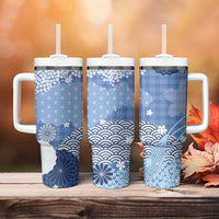 Blue Palaka Japanese Patterns Tumbler With Handle Asanoha Seigaiha Sakura Motif LT14 - Polynesian Pride