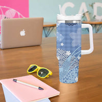 Blue Palaka Japanese Patterns Tumbler With Handle Asanoha Seigaiha Sakura Motif LT14 - Polynesian Pride