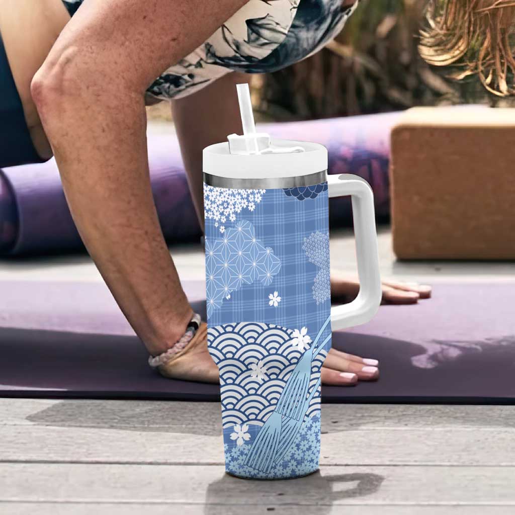 Blue Palaka Japanese Patterns Tumbler With Handle Asanoha Seigaiha Sakura Motif LT14 - Polynesian Pride