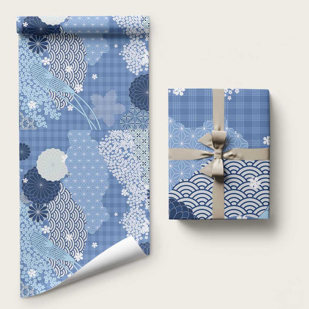 Blue Palaka Japanese Patterns Wrapping Paper Asanoha Seigaiha Sakura Motif LT14 58" × 23" Blue - Polynesian Pride