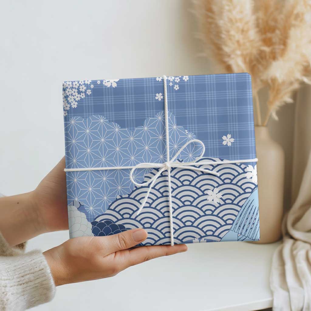 Blue Palaka Japanese Patterns Wrapping Paper Asanoha Seigaiha Sakura Motif LT14 - Polynesian Pride