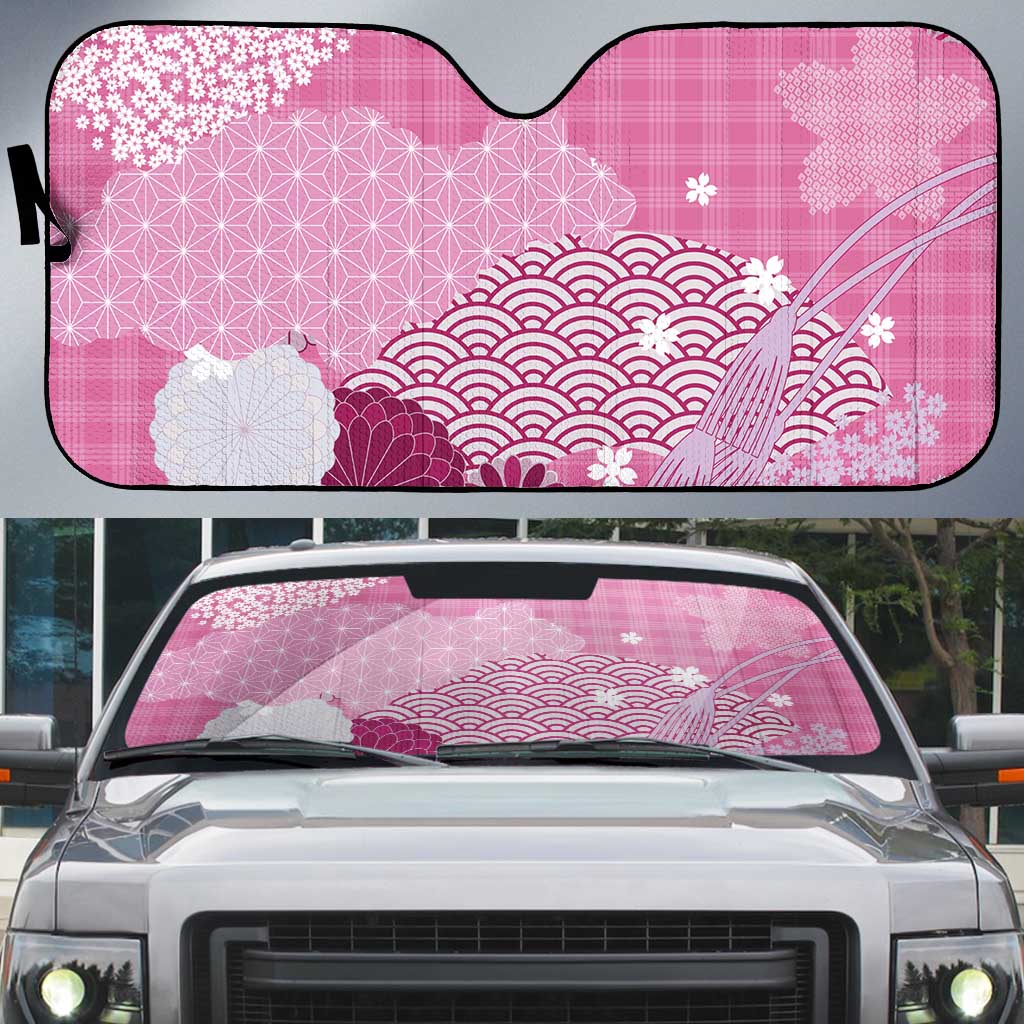 Pink Palaka Japanese Patterns Auto Sun Shade Asanoha Seigaiha Sakura Motif LT14 Pink - Polynesian Pride
