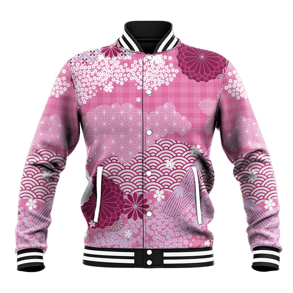Pink Palaka Japanese Patterns Baseball Jacket Asanoha Seigaiha Sakura Motif LT14 Unisex Pink - Polynesian Pride