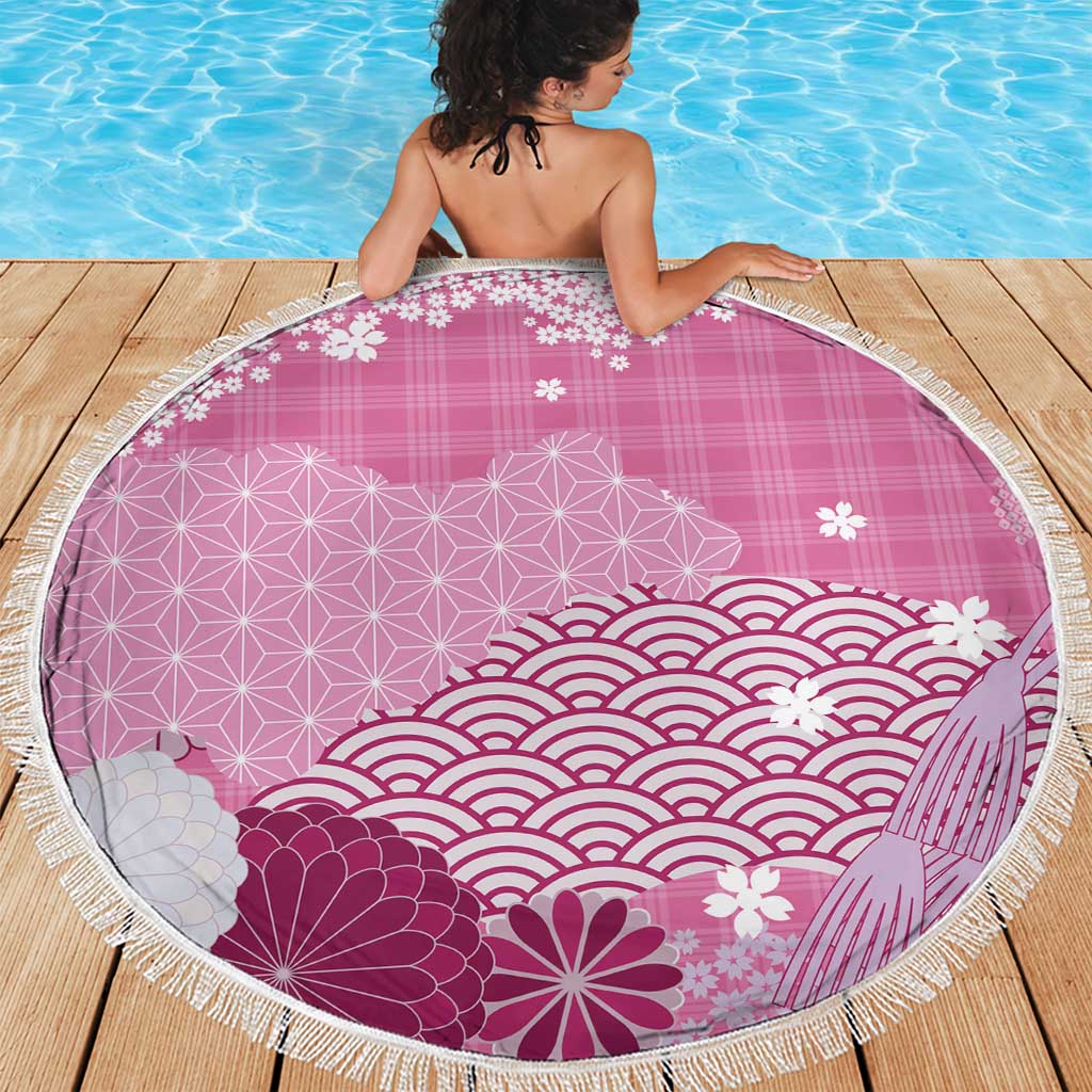 Pink Palaka Japanese Patterns Beach Blanket Asanoha Seigaiha Sakura Motif LT14 - Polynesian Pride
