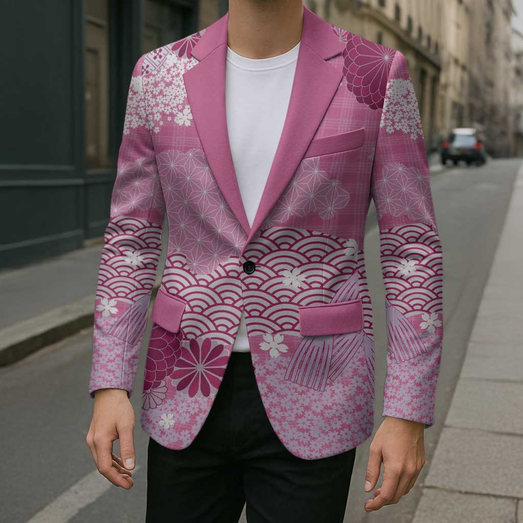 Pink Palaka Japanese Patterns Blazer Asanoha Seigaiha Sakura Motif LT14 - Polynesian Pride