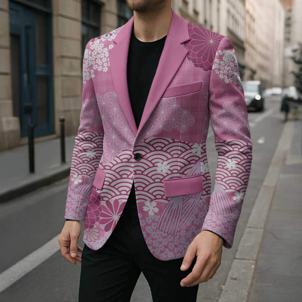 Pink Palaka Japanese Patterns Blazer Asanoha Seigaiha Sakura Motif LT14 - Polynesian Pride