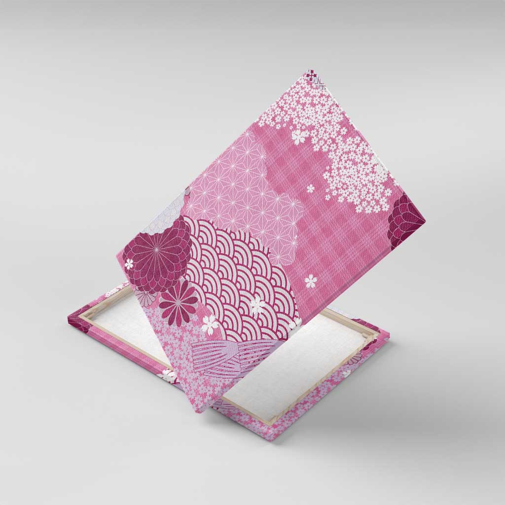 Pink Palaka Japanese Patterns Canvas Wall Art Asanoha Seigaiha Sakura Motif LT14 With Frame Pink - Polynesian Pride