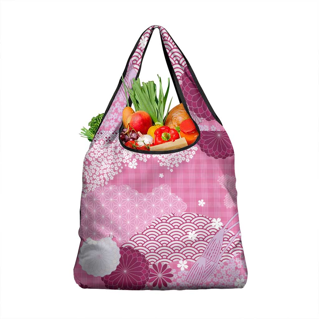 Pink Palaka Japanese Patterns Grocery Bag Asanoha Seigaiha Sakura Motif LT14 1-pack One Size Pink - Polynesian Pride