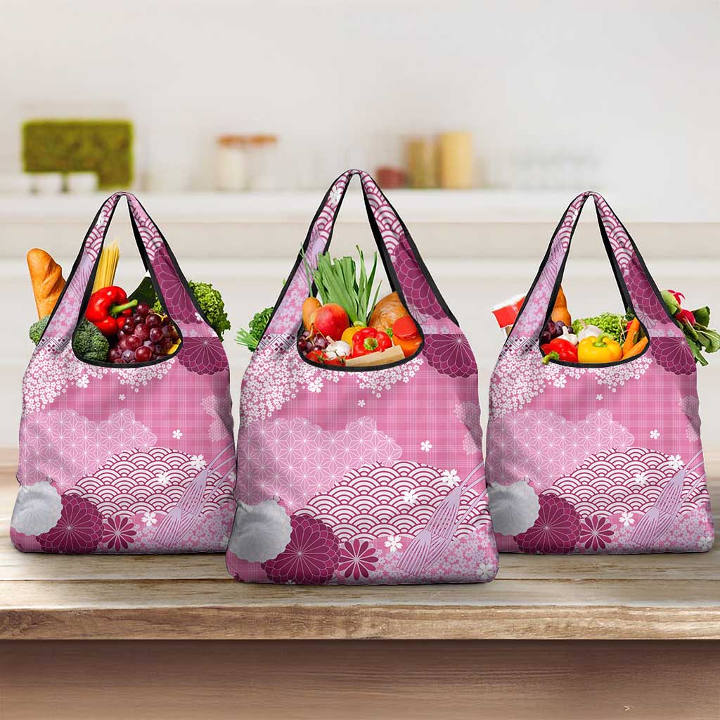 Pink Palaka Japanese Patterns Grocery Bag Asanoha Seigaiha Sakura Motif LT14 3-pack One Size Pink - Polynesian Pride