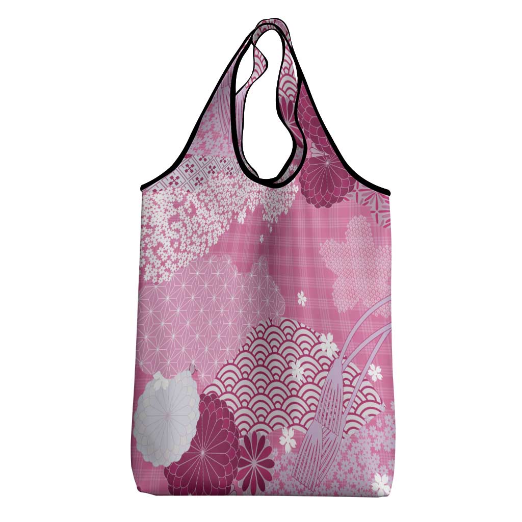Pink Palaka Japanese Patterns Grocery Bag Asanoha Seigaiha Sakura Motif LT14 - Polynesian Pride